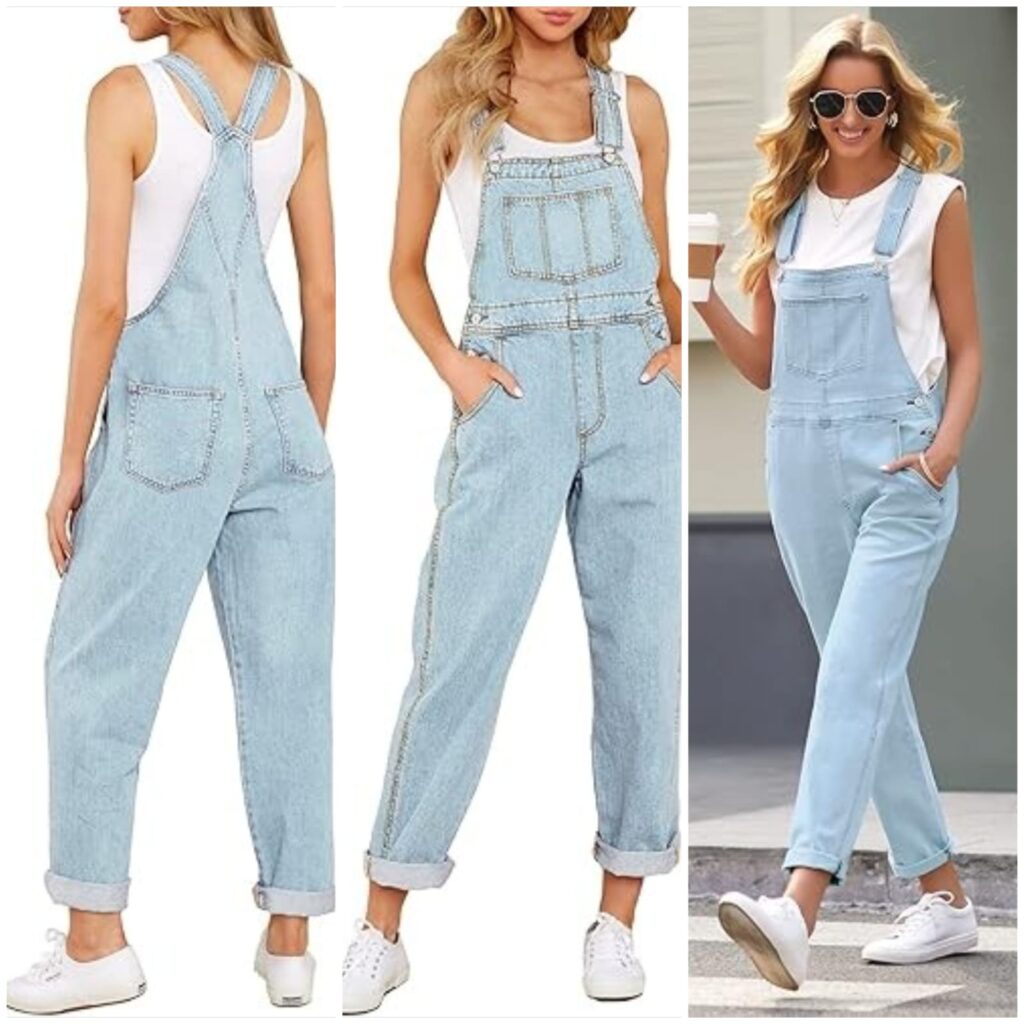 Woman wearing GRAPENT loose fit denim overalls with a white sleeveless top and white sneakers, showcasing comfortable stretch jean bib jumpsuit style for casual everyday fashion.