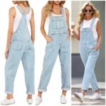 Woman wearing GRAPENT loose fit denim overalls with a white sleeveless top and white sneakers, showcasing comfortable stretch jean bib jumpsuit style for casual everyday fashion.