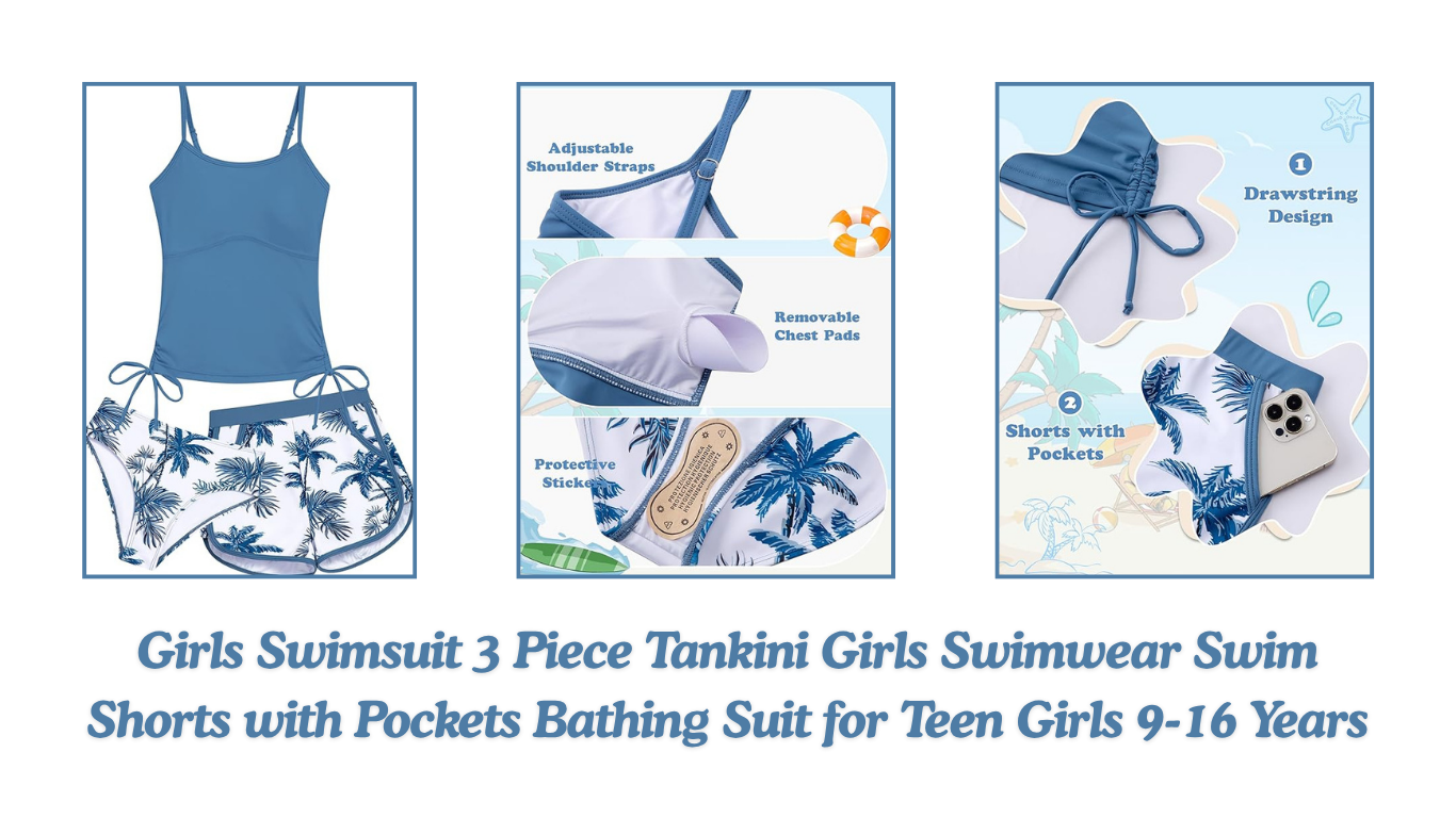 Girls Swimsuit 3 Piece Tankini Girls Swimwear Swim Shorts with Pockets Bathing Suit for Teen Girls 9-16 Years